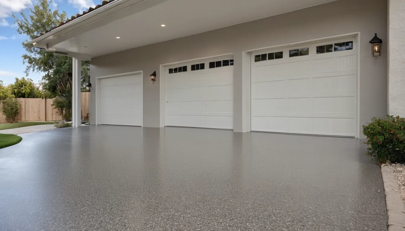 A freshly coated garage floor in a stucco home in Whittier
